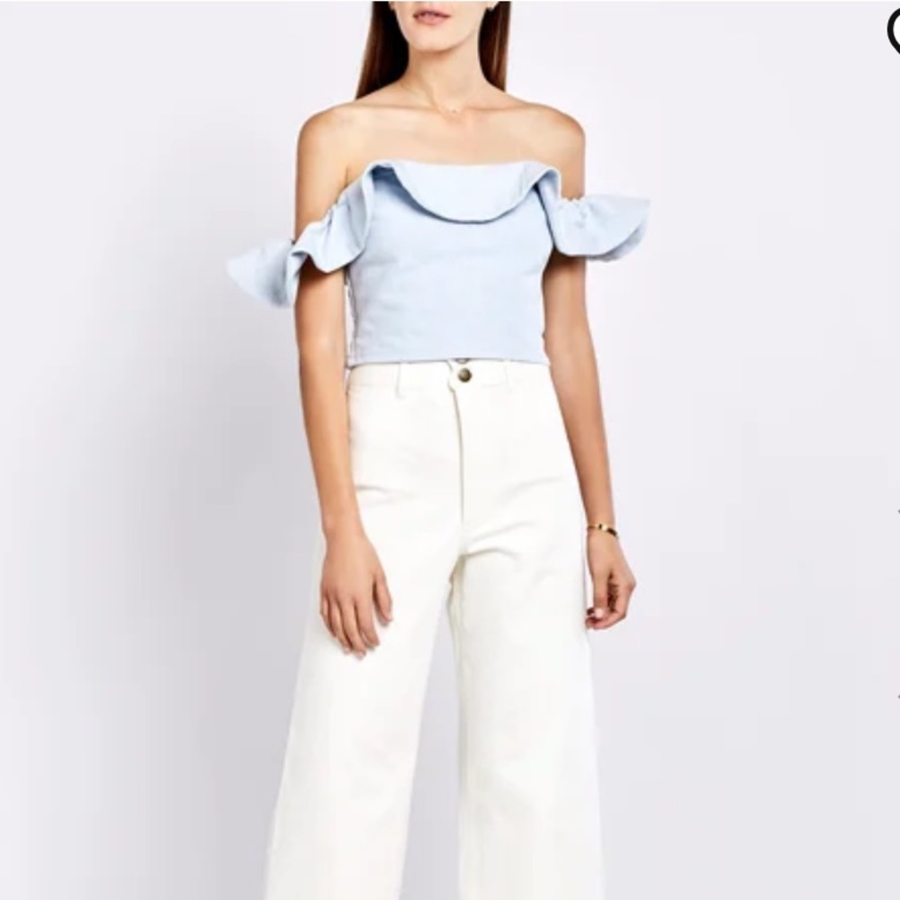 APIECE APART FLORIAN DENIM RUFFLE OFF-SHOULDER SMOCK TOP 2 - Picture 3 of 11